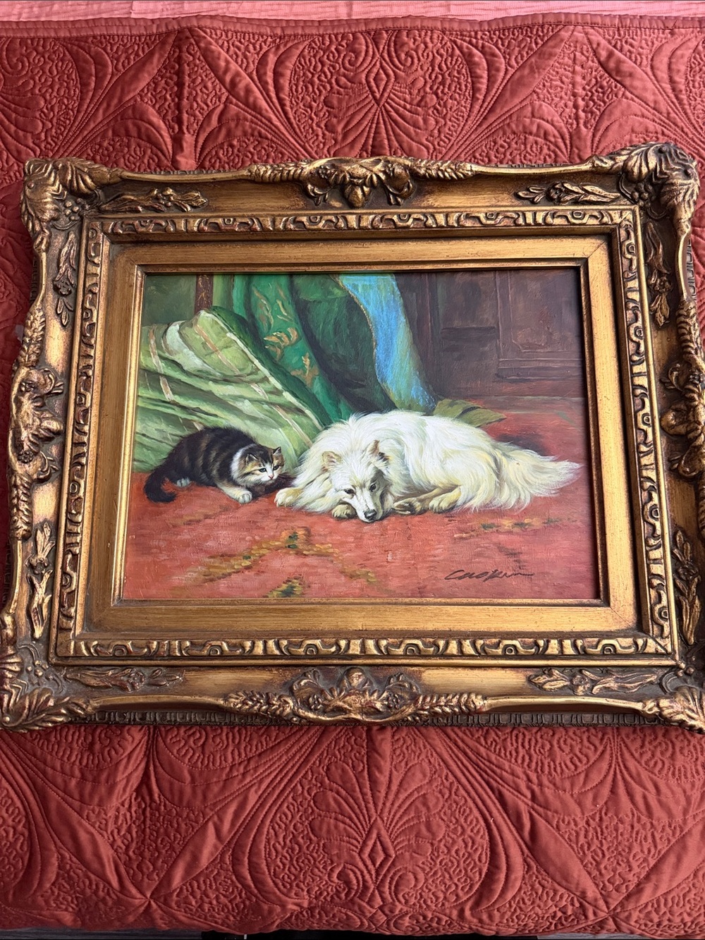 White Pet Portrait Canvas Print - Classic Dog and Cat (acrylic on ceramic)